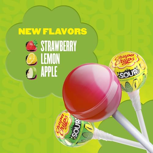 Chupa Chups SOUR Lollipops, Variety Pack, Lemon, Strawbery & Apple Flavored, Individually Wrapped Bulk Sour Candy Suckers for Adults & Kids, 4.2 oz Peg Bag (Pack of 8)