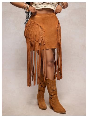 WDIRARA Women's Plus Size Faux Suede Fringe Skirt High Waisted Tassel Trim Western Cowgirl Skirts2