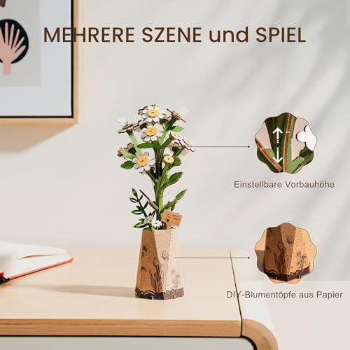 ROBOTIME 3D Holz Blumen Puzzle Kamille, Modellbausätze für Erwachsene zum Zusammenbauen, künstliche Ewige Blüten, DIY Bastelset… – Ansicht 4