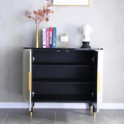 Image of Boston Console Table, Black Marble Top, Charcoal Louvers, Golden Accents, 36x15x30 Inch, Waterproof Plywood, 3-Shelf Storage Cabinet, Elegant Entryway or Living Room Display Table