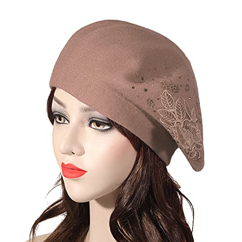 Zlyc Womens French Beret Hat, Reversible Solid Color Cashmere Mosaic Warm Beret Cap For Girls (Flower Brown) #TOP1