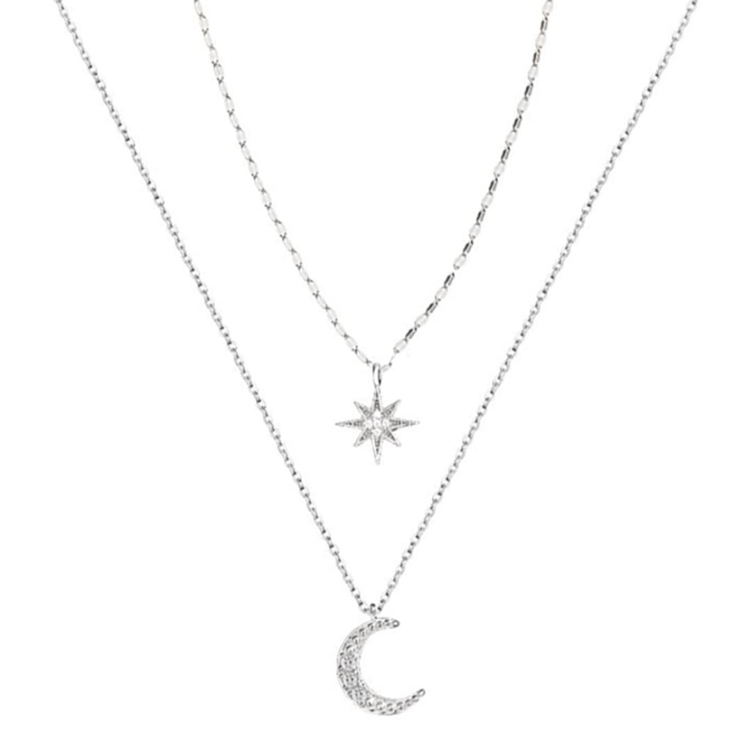 Suxdlan Unisex Star Moon Layered Necklace Star Moon Necklace Women Double Layer Silver Layered Chain