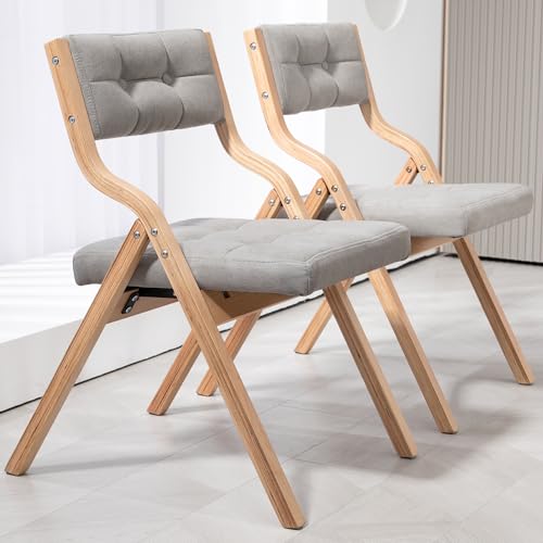 Villeston Padded Folding Chair Folding Chair with Cushion 2 Pack Wooden Folding Chairs and Comfortable Chairs Seat for Indoor Kitchen Office Wedding Party and Dining Gray