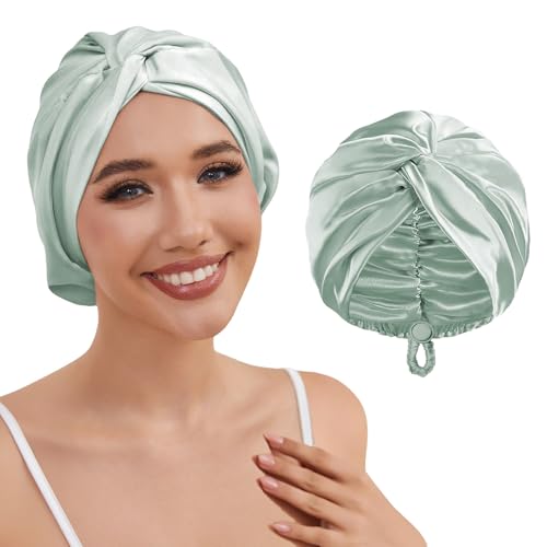 Adjustable Silk Satin Hair Bonnet for Sleeping Women Hair Wrap, Double Layer Night Turban, Sleep Cap for Natural Curly Straight Unisex - Green