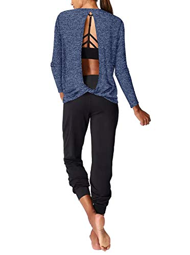 LASLULU Long Sleeve Workout Clothes Open Tit Back Loose Activewear Sexy Backless Yoga Shirts Exercise Athletic for Women(Blue L) - Thumbnail 7