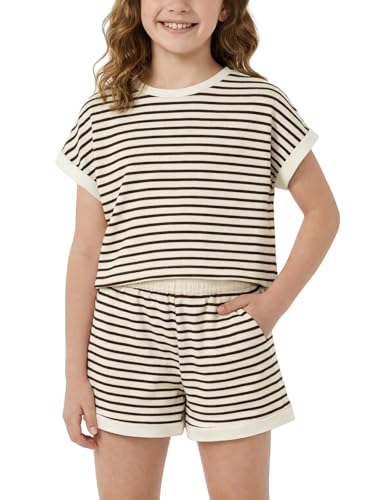Image of Girls Summer Outfits Striped T-Shirt & Shorts Set for 5-14Y | Kids 2 Piece Clothing, Breathable Textured Tops and Bottoms with Pockets, Great for Casual Wear, School, Sports or Vacation