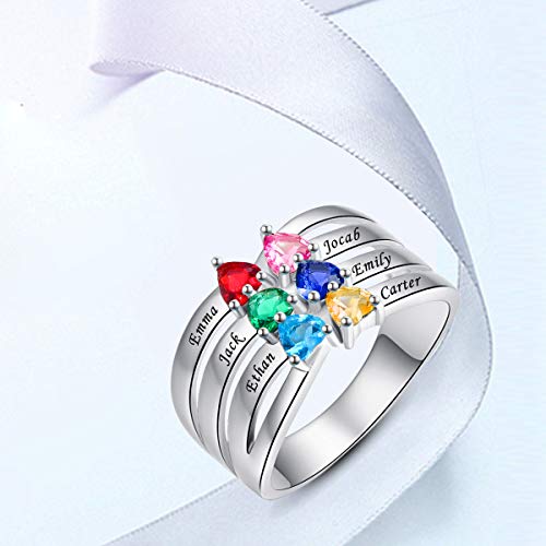 Bonlavie Personalized Women's Promise Rings 6 Heart Cut Simulated Birthstones Twisted Stacking Created Emerald And Citrine 925 Sterling Silver Engraved Name Zircon Ring Size 6 #TOP2