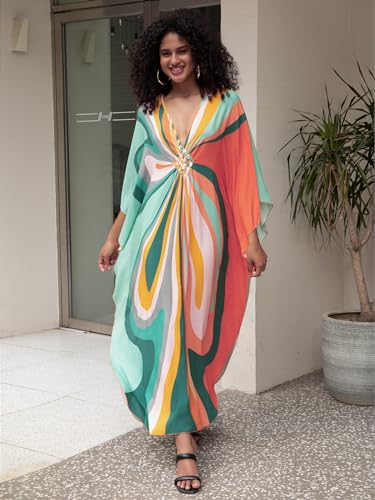 Image of IMAGEKOPE Women's Plus Size Animal Print V-Neck Batwing Kaftan Beach Dress Bathing Suit Cover-Up Loungewear
