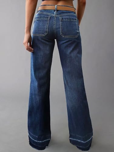 Flamingals Wide Straight Leg Mid Rise Baggy Pocket Denim Jeans Without Belt3