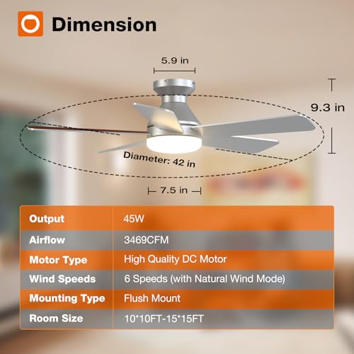 Image of addlon Ceiling Fans with Lights, 42 Inch Low Profile Ceiling Fan with Light and Remote Control, Flush Mount, Reversible, 3CCT, Dimmable, Quiet, Silver Small Ceiling Fan for Bedroom Indoor /Outdoor Use