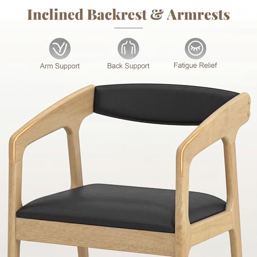 Image of COSTWAY Dining Chairs with Arms Set of 2, Mid Century Modern Wooden Accent Chairs with Faux Leather Seat & Padded Backrest, Kitchen Side Armchairs for Living Dining Reading Room, Natural & Black