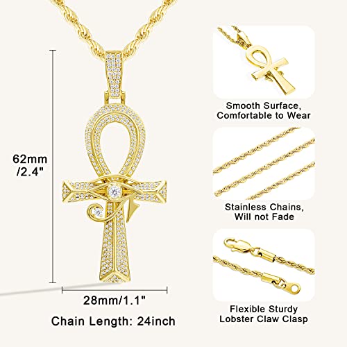 Iced Out Eye of Horus Ankh Cross Pendant Ancient Egyptian Necklace Chain 14K Gold White Gold Plated Protection Jewelry for Men Women with Stainless Rope Chain2