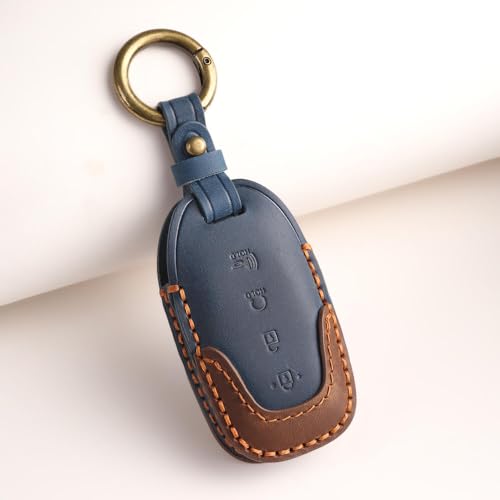 Image of Keyzone Dual Leather Key Cover for Hyundai Verna 2020 Onwards 4 Button smart Key (Blue-Brown)