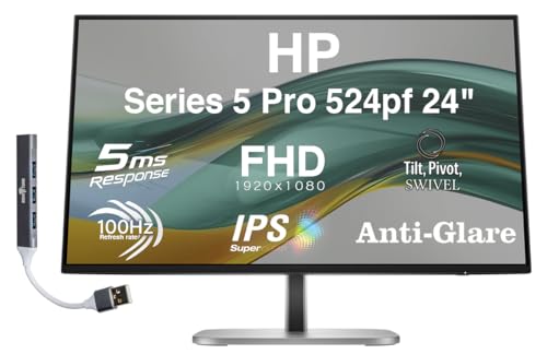 Image of HP Series 5 Pro 524pf 24 inch FHD IPS Monitor Adjustable Height, Swivel, Pivot | 100 Hz 350 Nits, 5ms, Anti-Glare, Flicker Free, VESA Mount (100mm), & Dockztorm USB Port Expander | Black /Silver