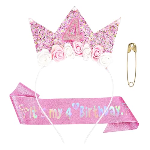 GWAWG 2 pezzi, corona di compleanno da 3 a 6 anni, corona di compleanno, corona con rosa, fiori, cintura di compleanno per ragazze, ragazze, donne, compleanni, Natale, feste (rosa-4)