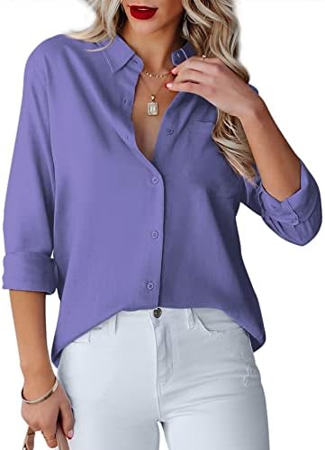 Diosun Womens Button Down Shirts V Neck Long Sleeve Office Casual Business Plain Blouse Tops with Pocket (Medium, Purple)