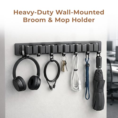 Image of HomeEssentials Broom Holder Wall Mount - 6 Slots 7 Hooks Heavy Duty Broom and Mop Holder Wall Mounted, Stainless Steel Garden Tool Organizer for Home, Kitchen, Garage, and Laundry Room Storage (Grey)