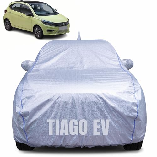 Image of 100% Waterproof Car Body Cover for Tata Tiago EV with Mirror Pocket, Heat & UV Resistant, Triple Stitched, Soft Lining, Bottom Elastic & Piping (Silver Reflective)