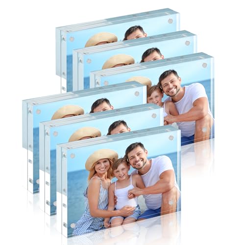 Image of HOUSE DAY Acrylic Picture Frames 5x7, 6 Pack Magnetic 5x7 Picture Frame, Double Sided Clear 5 x 7 Photo Frame with Microfiber Cloth, Frameless FreeStanding 5x7 Frame Gift for Desktop Display