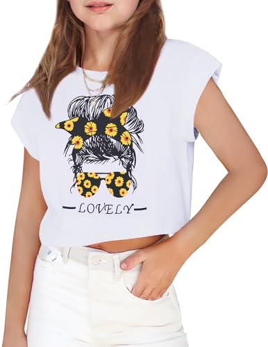 Image of Arshiner Girls Shirt Crop Tops Short Sleeve Summer Drop Shoulder Batwing Sleeve Crewneck Loose T Shirt Tee