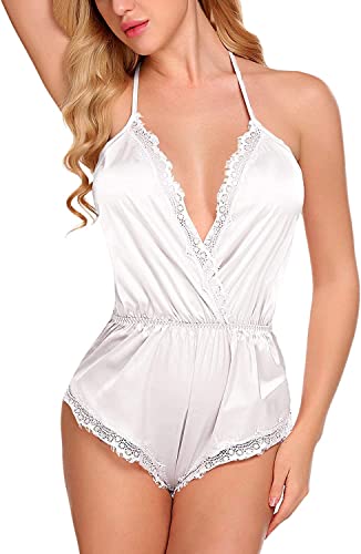 Image of BROIDEN Women Lingerie Bodysuit V Neck Teddy Lace Babydoll Satin Nightwear