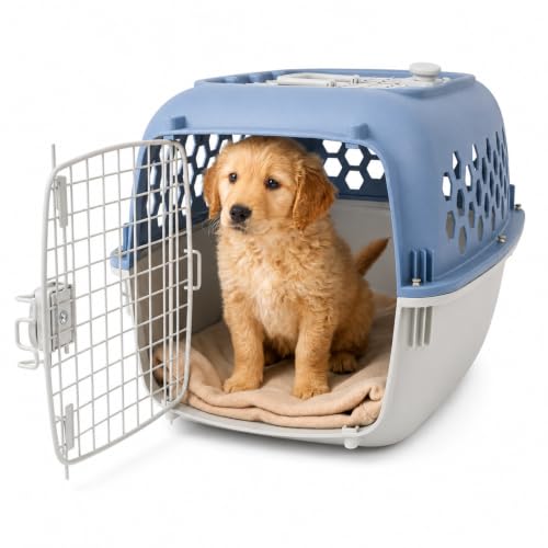Portable Double Door Pet Carrier for Dogs & Cats, Blue and White, 24 Inch,…