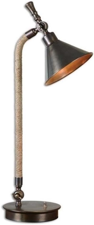 BOWERY HILL Contemporary Metal Task Lamp, 27.5 in Height, Oxidized Bronze Finish, Adjustable Arm and Shade, Wrapped Tea-Stained Rope Accent, Indoor Use, Ideal for Desk or Office Lighting