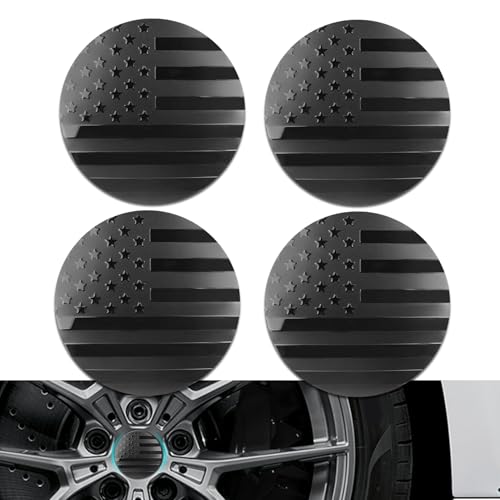 HEVLE 4PCS American Flag Car Wheel Center Caps, Wheel Center Cap Stickers, 56mm Vehicle Hub Caps Covers for Rims, Car Accessories Waterproof & Rustproof Wheel Hub Cap Decals Fit Cars (Black)
