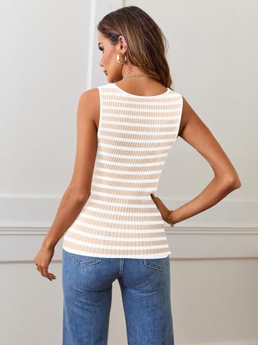 Image of MEROKEETY Women's Summer Square Neck Tank Tops | Sleeveless, Ribbed Knit, Striped Pattern, Slim Fit, Stretchy Soft Sweater Vest Casual Work Outfits