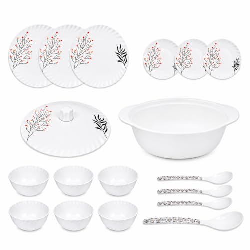 Image of Melvio Premium Floral Melamine Dinner Set for Family Dining, Elegant Printed Crockery Set with Dinner Plates, Quarter Plates, Bowls, Serving Bowls with Lids & Spoons, Lightweight (Dinner Set 18Pcs)