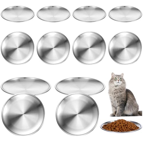 12 PCS Stainless Steel Whisker Friendly Cat Bowl Shallow Cat Food Dish 6.7 Inch Cat Wet Feeding Bowls Flat Cat Dish Small Pet Plate (Silver)