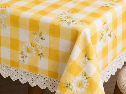 Image of Amazon Brand - Umi Cotton Tablecloth Pack of 2, 4-6 Seater Dining Table Cover, Yellow Gingham Check Daisy Floral Print Rectangular Table Linen with Lace Trim 4 Corners Farmhouse Cottage Style