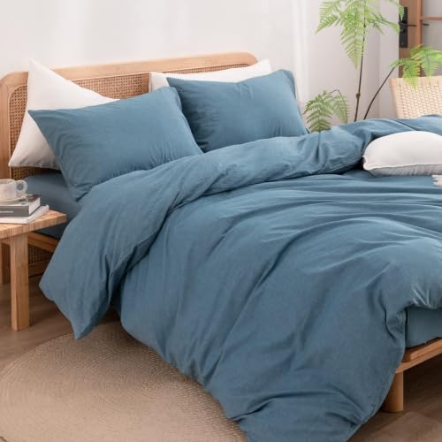 Image of BESTOUCH Cotton Solid Duvet Cover Set Linen Feel Dark Blue Alaska King | 100% Washed Cotton, Soft Wrinkle Texture, Hidden Zipper, 8 Ties, Breathable Lightweight Durable Comfy, 3 Pcs No Insert