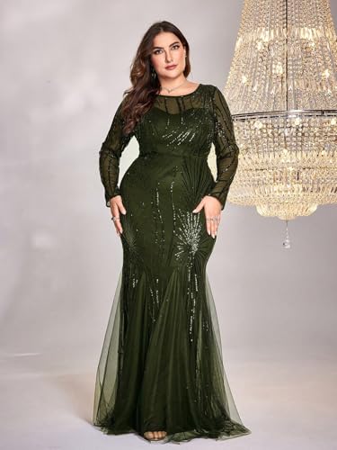 Image of Plus Size Long Sleeve Sequin Evening Dress Glitter Mermaid Long Gown for Mother of The Bride Or Wedding Guest