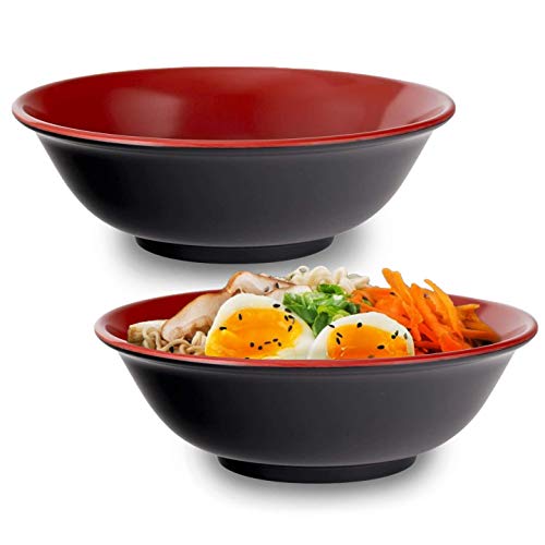 Happy Sales HS2BM-48RDBK, Set of 2 Japanese Melamine 48 oz Large Bowls Multi Purpose Bowls Rice Noodle Soup Udon Pho Tayo Ramen Bowls 9" D, Black & Red