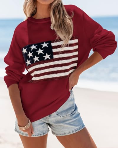 Image of Dressmine Womens American Flag Sweater Knit Long Sleeve Crew Neck Graphic Elegant Soft Loose Pullover