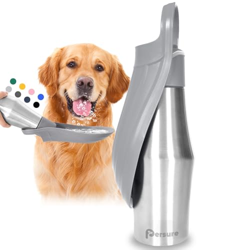 Persure 27 OZ Dog Water Bottle Portable Stainless Steel Convenient Pet Water Dispenser, Leak Proof Puppy Travel Water Bowl for Dog Outdoor Walking, Hiking, Perfect Size for All Dog Breeds, Grey