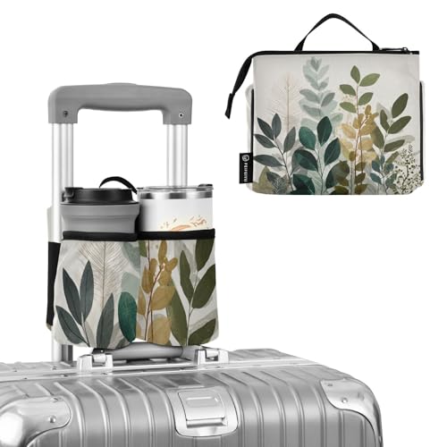 Image of Luggage Cup Holder for Suitcases Free Hands Suitcase Cup Holder Travel Luggage Drink Holder Portable Luggage Cup Caddy Bag Carrier with Handle Beige Boho Style Leaves