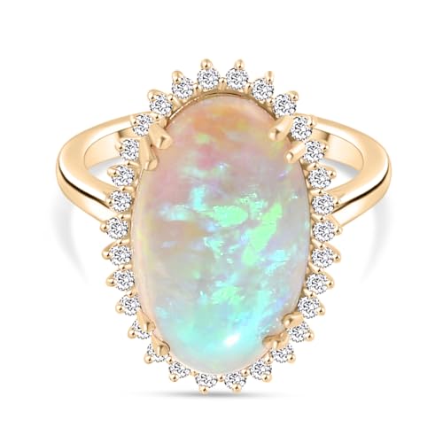 16x10 mm Natural Opal with Diamond Halo Ring for Women in 14k Solid Yellow Gold | October Birthstone Gift for Her Birthday | Engagement | Wedding | Anniversary