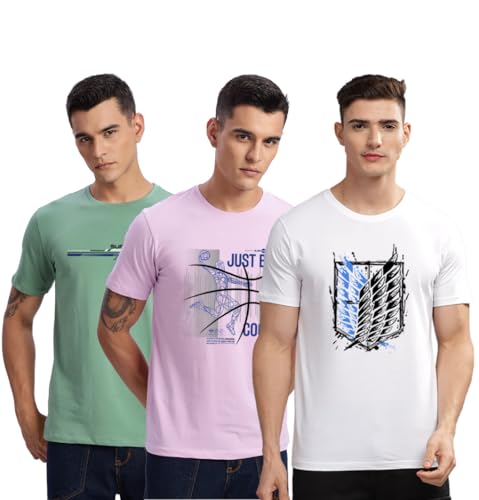 Image of ADRO 100% Cotton Lycra Tshirts for Men Combo Pack of 3 | Regular Fit | Printed T Shirt | Round Neck Half Sleeve| Mens Tshirts