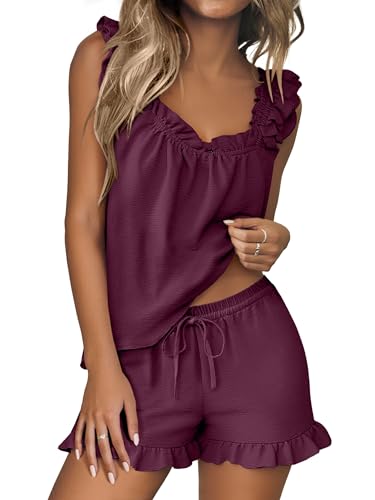 ANRABESS Womens Summer Lounge Set 2 Piece Outfits Ruffle Tank Top and Shorts Set 2026 Beach Vacation Cover Up Clothes Purple Red Large