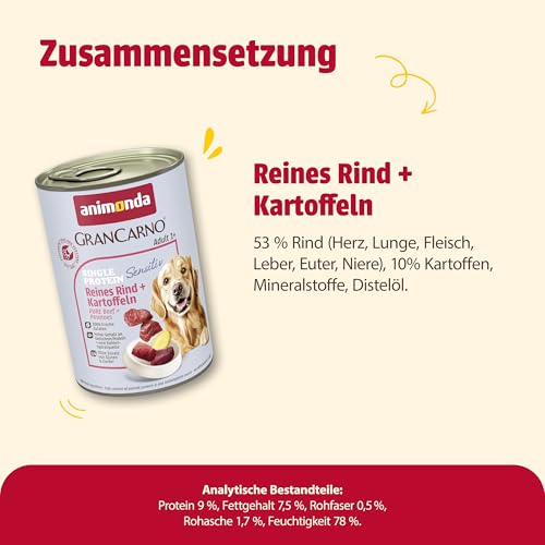 animonda GranCarno Hunde Nassfutter Sensitiv Reines Rind + Kartoffeln (6 x 400g), getreidefreies Hundenassfutter ohne Zucker, für ausgewachsene Hunde, mit frischen fleischigen Zutaten