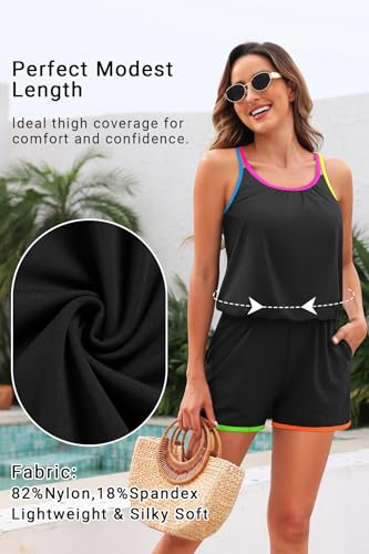 Image of Tempt Me Women Romper One Piece Swimsuits with Short | with Pockets, Modest, Removable cups, Boyleg, Full coverage