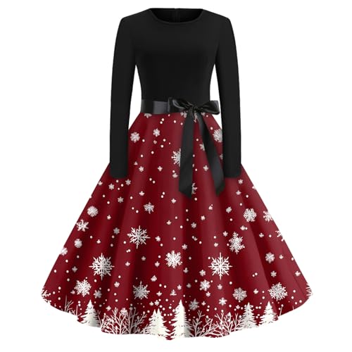 Weihnachtskleid Damen Große Größen, Nikolaus Kostüm Damen, Kleid Plus Size Xmas Schöne Longsleeve Abendessen mit Gürtel Tailliertes Schneeflocke...