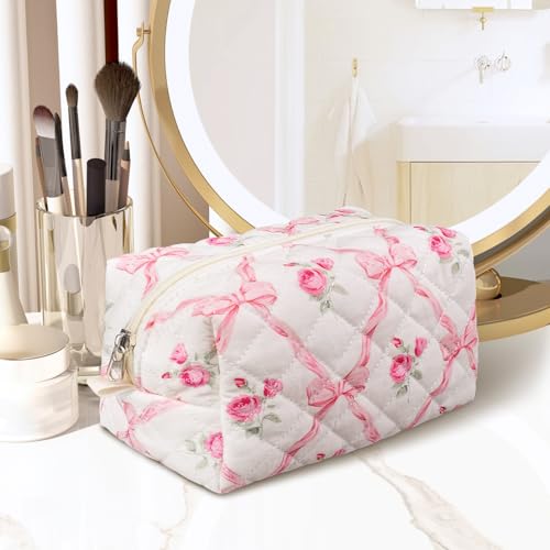 Quilted Makeup Bag,Small Travel Floral Cosmetic Bag Cute Pouch,Cotton Makeup Brushes Storage Bag for Women4