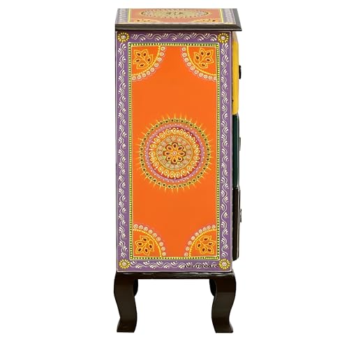 Image of Wooden Bedside Table for Bedroom | 3 Drawer Side Table | Handpainted Rajasthani Chest of Drawers | Solid Wood Small Bedside Table with Drawer Storage for Living Room (Multicolour-BS4)