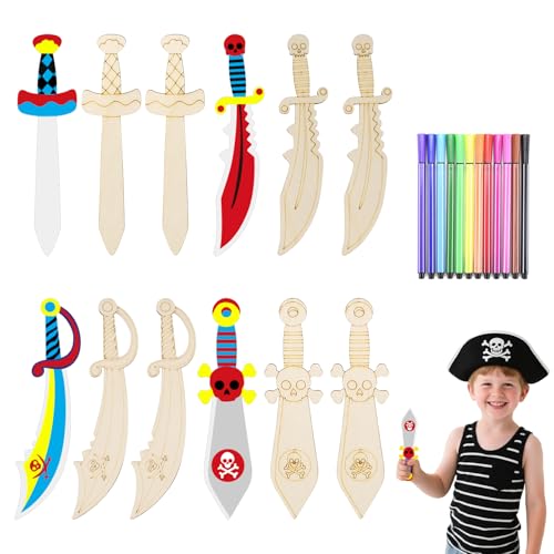 BULZEU Lot de 12 épées de pirate en bois - Avec 12 stylos colorés - 4 types d'épées en bois faites à la main - Pour enfants, costume, chasse au trésor, pirates, fêtes