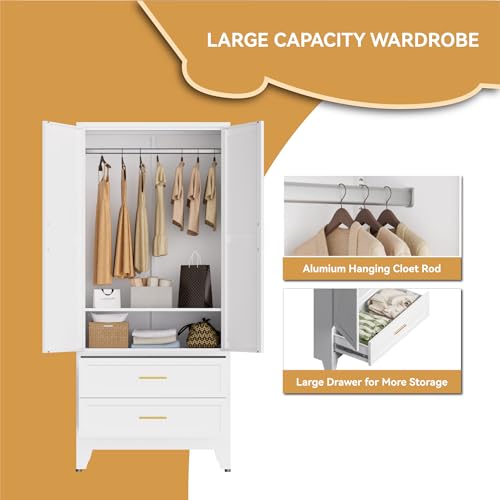 Image of Metal Wardrobe Closet, Armoire Wardrobe with Two Drawers Clothes Cabinet for Bedroom, 71 inch Tall Farmhouse Steel Armoire Closet with Drawers and 2 Doors Clothing Storage Cabinet with Hanging Rod