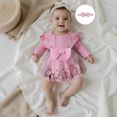 Newborn Girl Outfit Long Sleeve Flower Butterfly Embroidery Knit Romper Dress Bowknot Headband Infant Baby Clothes2