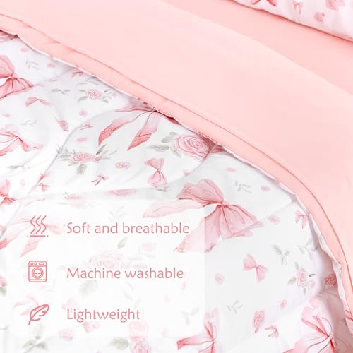 Toddler Bedding Set for Girls 4 Pieces Pink Rose, Soft Breathable Toddler Comforter Set, Bow Flower Print, Includes Reversible Comforter, Fitted Sheet and Flat Sheet, Pillowcase by Jundetye - Image 2